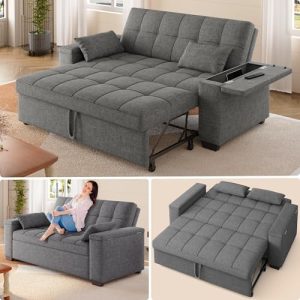 Gizoon Convertible Sofa Bed, 3-in-1 Queen Size Loveseat Sleeper Couch, Adjustable Backrest for Living Room, Storage Armr