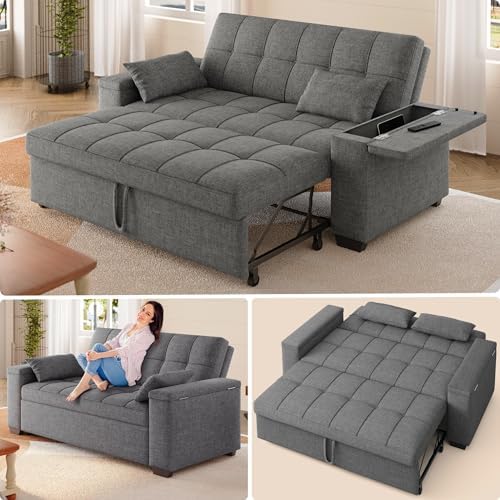Gizoon Convertible Sofa Bed, 3-in-1 Queen Size Loveseat Sleeper Couch, Adjustable Backrest for Living Room, Storage Armr