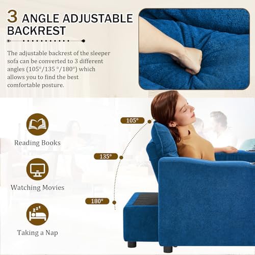 KINFFICT Convertible Futon Sofa Bed - Velvet Upholstered Sleeper Chair with Adjustable Backrest and Cup Holders - 3-in-1