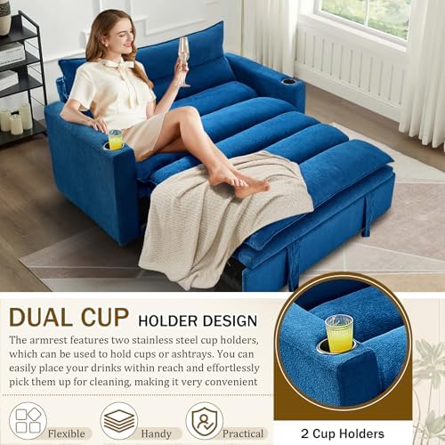 KINFFICT Convertible Futon Sofa Bed - Velvet Upholstered Sleeper Chair with Adjustable Backrest and Cup Holders - 3-in-1