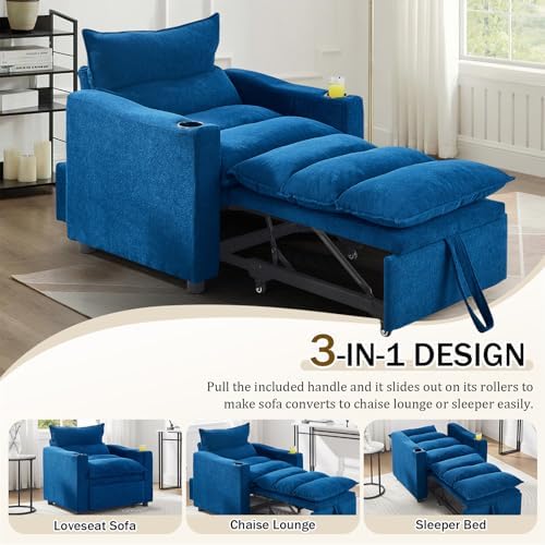 KINFFICT Convertible Futon Sofa Bed - Velvet Upholstered Sleeper Chair with Adjustable Backrest and Cup Holders - 3-in-1
