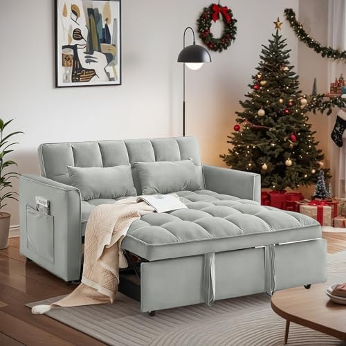 Convertible Sofa Bed, 3 in 1 Velvet Fabric Sleeper Sofa with Adjustable Backrest for Living Room and Bedroom, Pull Out C