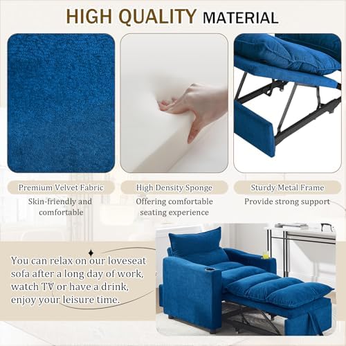 KINFFICT Convertible Futon Sofa Bed - Velvet Upholstered Sleeper Chair with Adjustable Backrest and Cup Holders - 3-in-1