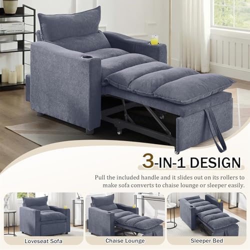 KINFFICT Convertible Futon Sofa Bed - Velvet Upholstered Sleeper Chair with Adjustable Backrest and Cup Holders - 3-in-1