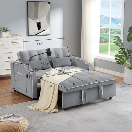KINFFICT Convertible Velvet Loveseat Sofa Bed with USB Charging Ports, Pull Out Futon Couch for Small Spaces, Dark Grey