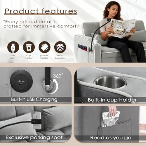 Dreamzie 3 in 1 Convertible Sleeper Sofa Bed - Adjustable Backrest Loveseat with USB Port & Swivel Phone Stand - Modern