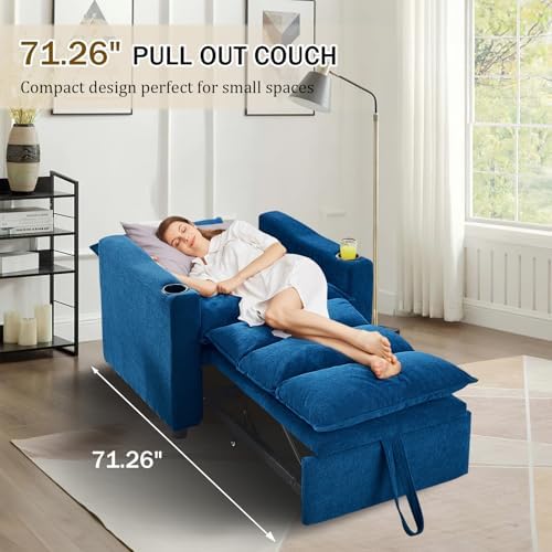 KINFFICT Convertible Futon Sofa Bed - Velvet Upholstered Sleeper Chair with Adjustable Backrest and Cup Holders - 3-in-1