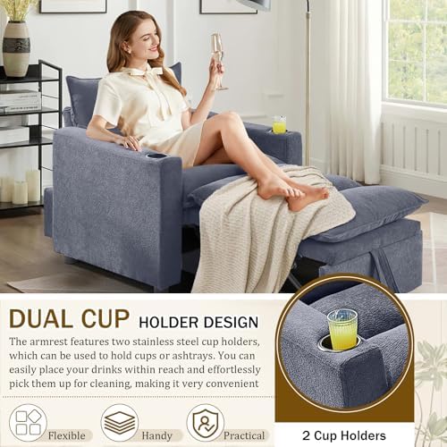 KINFFICT Convertible Futon Sofa Bed - Velvet Upholstered Sleeper Chair with Adjustable Backrest and Cup Holders - 3-in-1