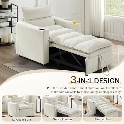 KINFFICT Convertible Futon Sofa Bed - Velvet Upholstered Sleeper Chair with Adjustable Backrest and Cup Holders - 3-in-1