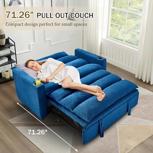 KINFFICT Convertible Futon Sofa Bed - Velvet Upholstered Sleeper Chair with Adjustable Backrest and Cup Holders - 3-in-1