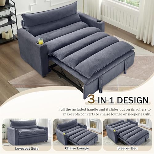 KINFFICT Convertible Futon Sofa Bed - Velvet Upholstered Sleeper Chair with Adjustable Backrest and Cup Holders - 3-in-1