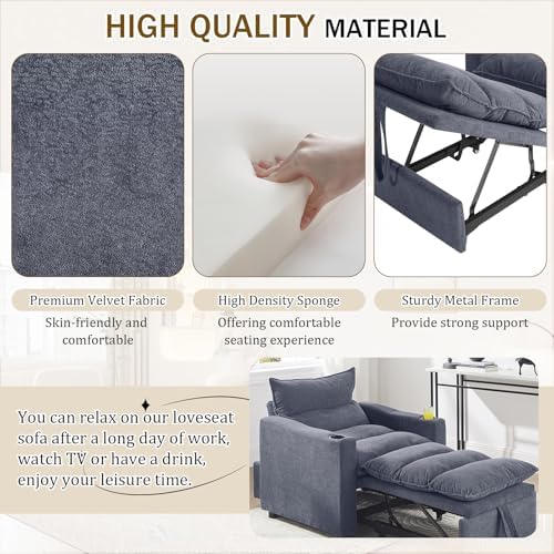 KINFFICT Convertible Futon Sofa Bed - Velvet Upholstered Sleeper Chair with Adjustable Backrest and Cup Holders - 3-in-1