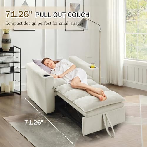 KINFFICT Convertible Futon Sofa Bed - Velvet Upholstered Sleeper Chair with Adjustable Backrest and Cup Holders - 3-in-1