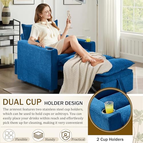 KINFFICT Convertible Futon Sofa Bed - Velvet Upholstered Sleeper Chair with Adjustable Backrest and Cup Holders - 3-in-1