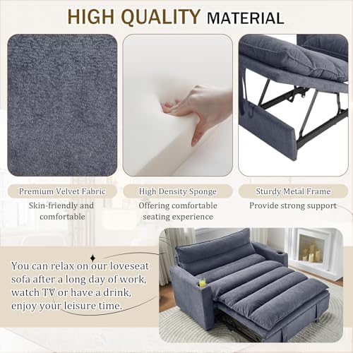 KINFFICT Convertible Futon Sofa Bed - Velvet Upholstered Sleeper Chair with Adjustable Backrest and Cup Holders - 3-in-1