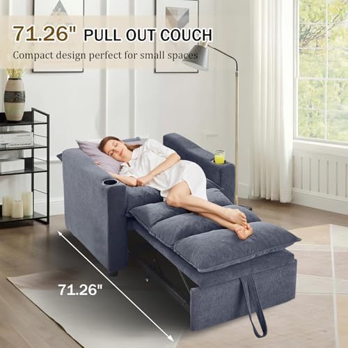 KINFFICT Convertible Futon Sofa Bed - Velvet Upholstered Sleeper Chair with Adjustable Backrest and Cup Holders - 3-in-1