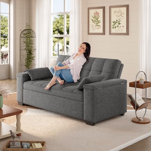 Gizoon Convertible Sofa Bed, 3-in-1 Queen Size Loveseat Sleeper Couch, Adjustable Backrest for Living Room, Storage Armr