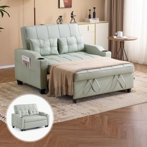 VINGLI Light Green Futon Sofa Bed + Convertible Loveseat + Sleeper Couch with USB Ports + Modern Design + Perfect for Li