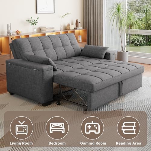 Gizoon Convertible Sofa Bed, 3-in-1 Queen Size Loveseat Sleeper Couch, Adjustable Backrest for Living Room, Storage Armr